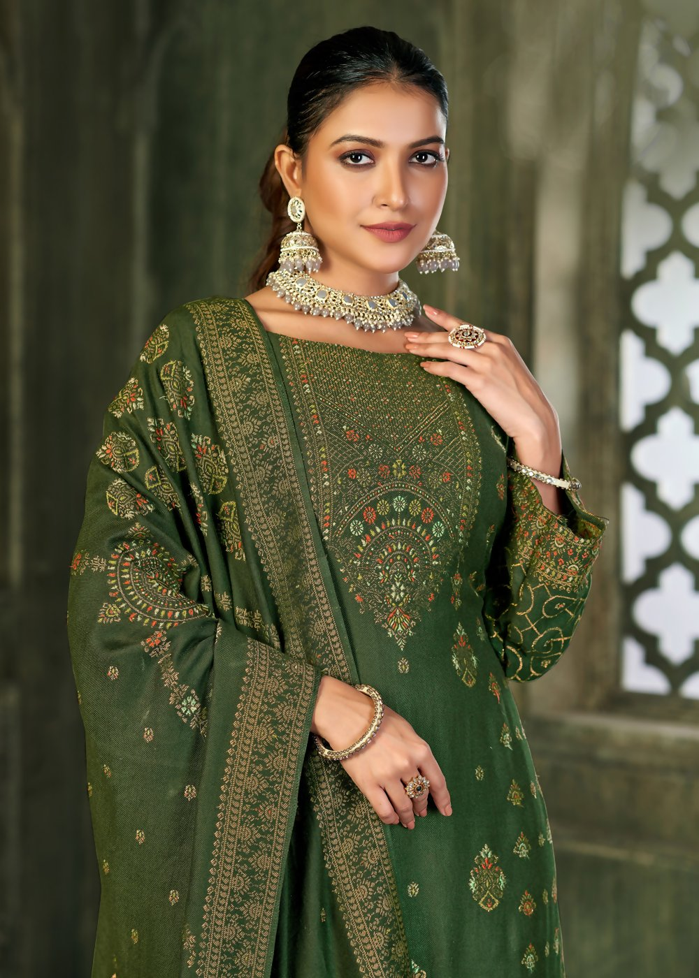 Green Viscose Pasmina Mina Work Kurta & Bottom with Dupatta - Natasha | Grocsy