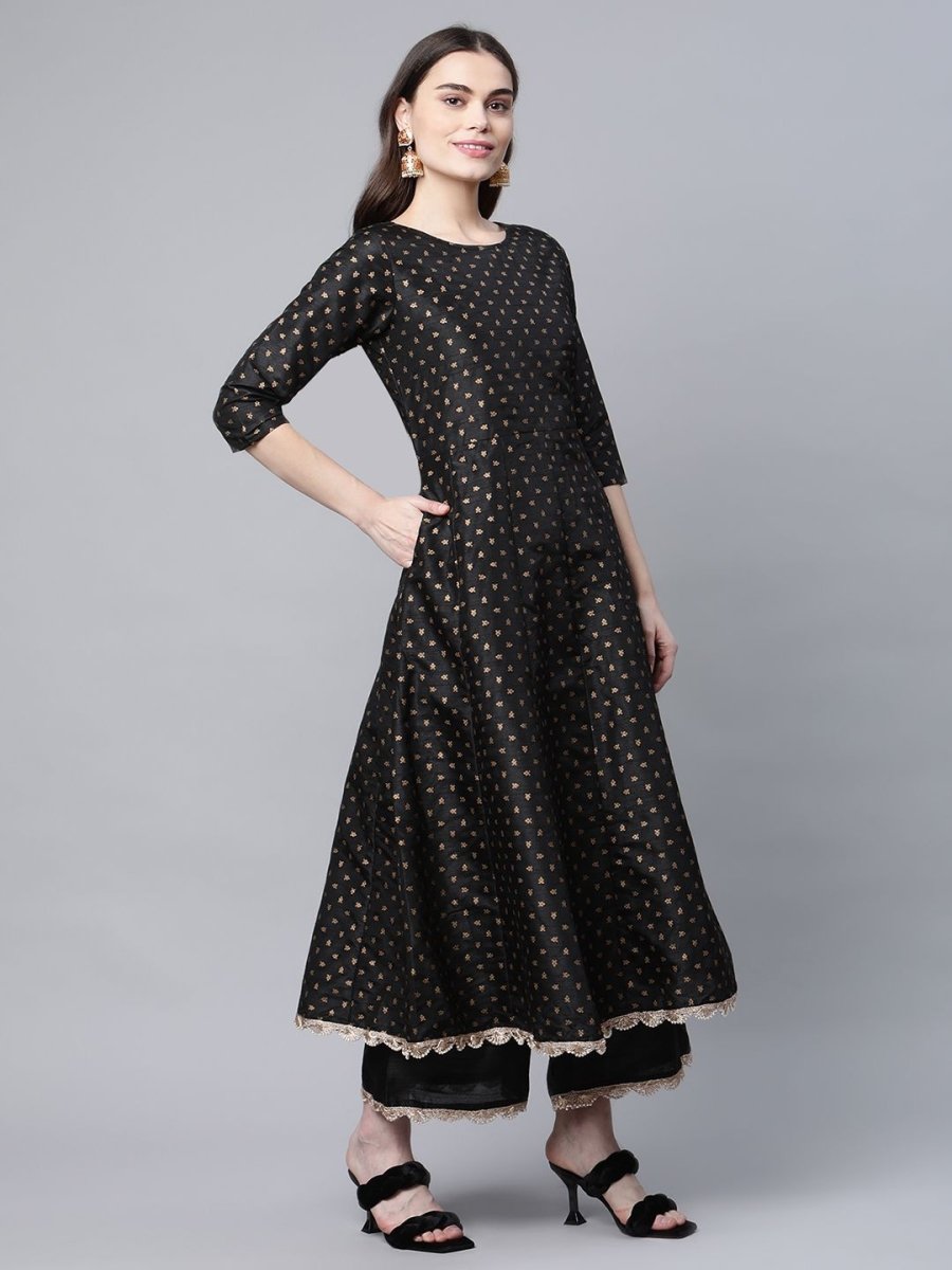 Ahalyaa Women Black Poly Silk Gold Printed Anarkali Kurta Palazzo Set With Dupatta | Grocsy