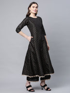 Ahalyaa Women Black Poly Silk Gold Printed Anarkali Kurta Palazzo Set With Dupatta | Grocsy