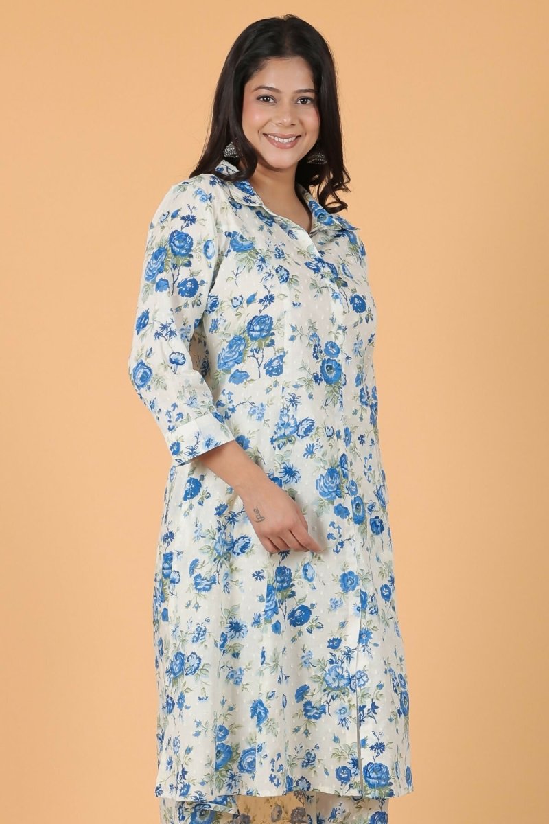 Aramya White Textured Cotton Floral High Low Kurta for Women | Grocsy