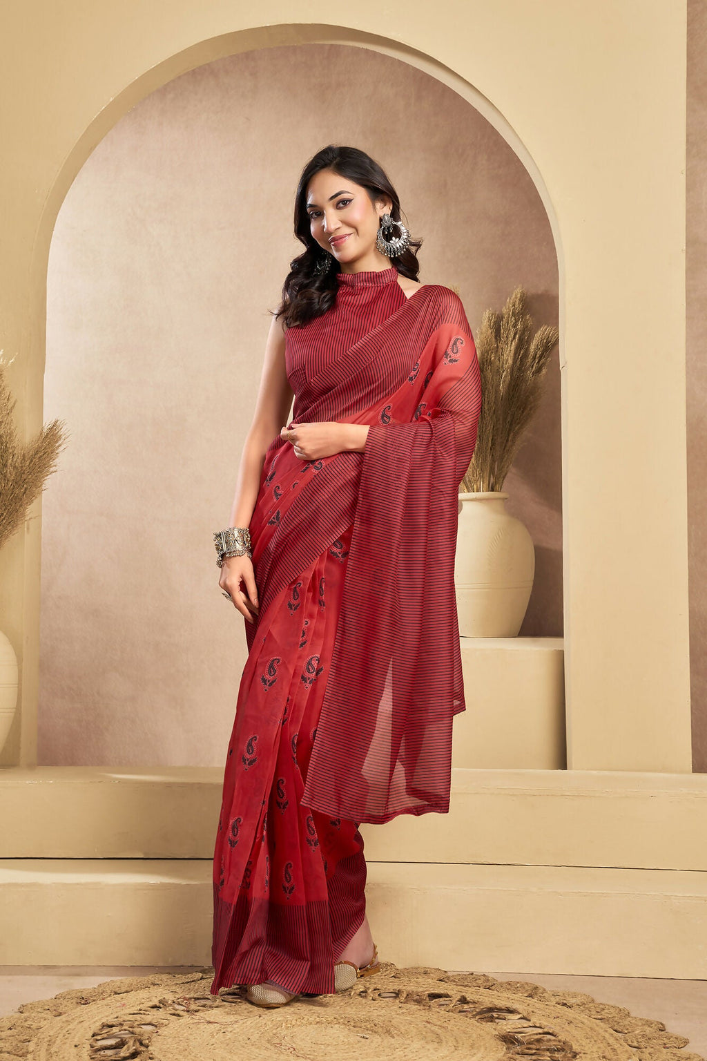 Vastranavya Rust Digital Printed Linen Ready To Wear Designer Saree with Unstitched Blouse | Grocsy