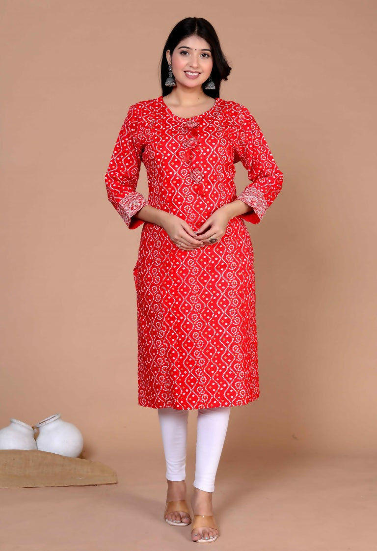 Miravan Women's Festive Wear Red Bandhani Printed Straight Kurta | Grocsy