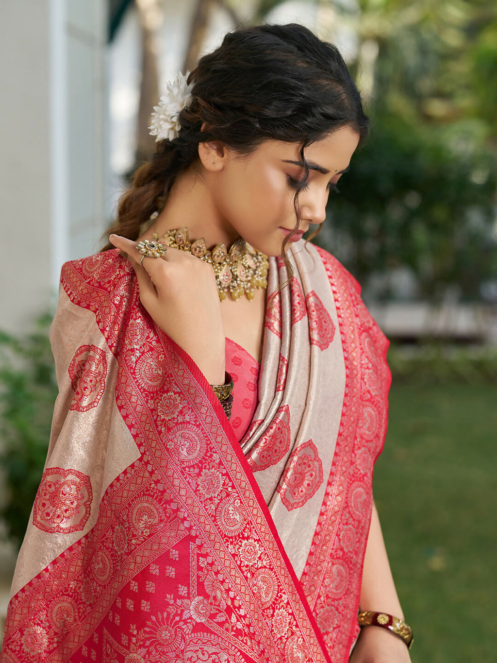 Shree Shyam Fashion Cream With Red Silk Blend Saree | Grocsy