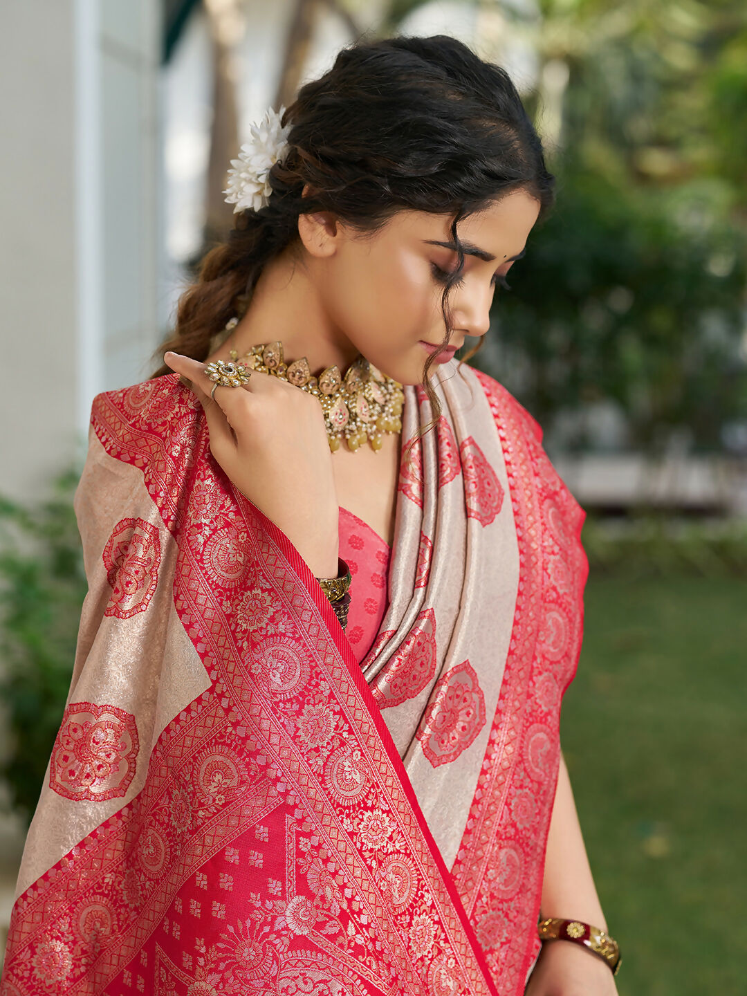 Shree Shyam Fashion Cream With Red Silk Blend Saree | Grocsy
