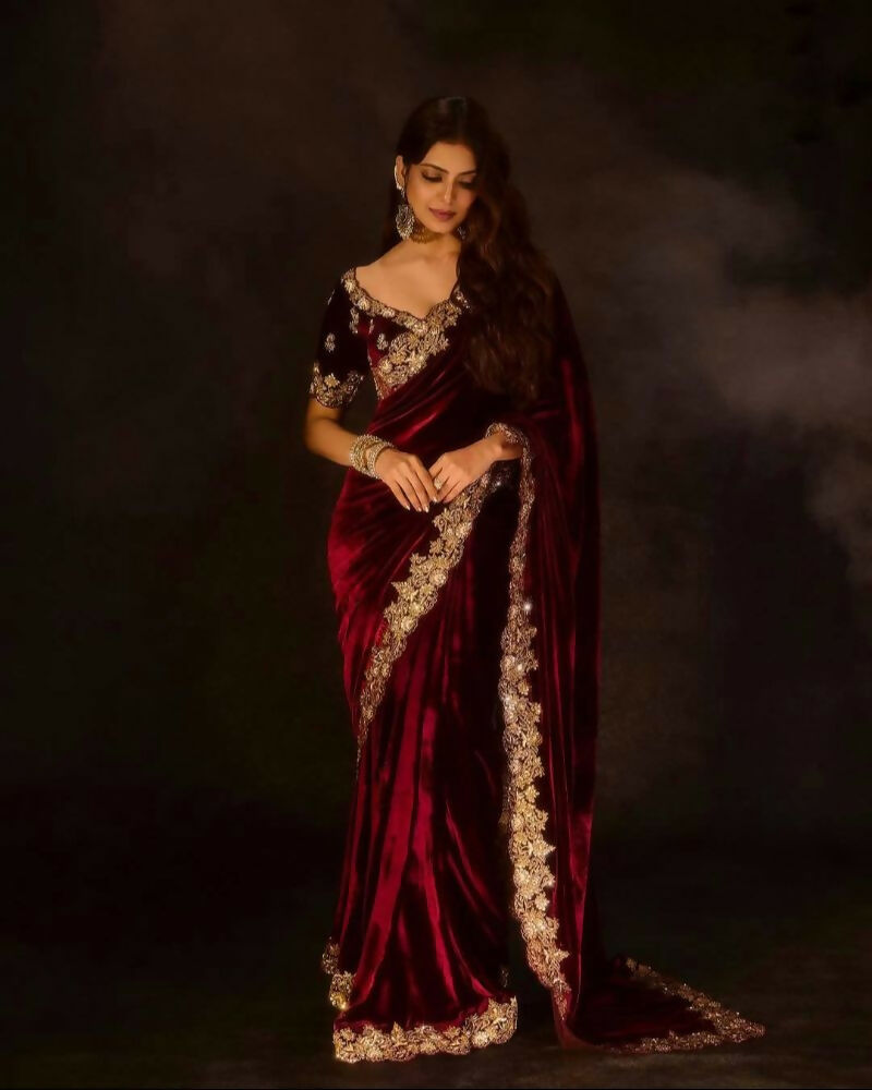 Joban Fashion Maroon 9000 Velvet Party Wear Sarees | Grocsy