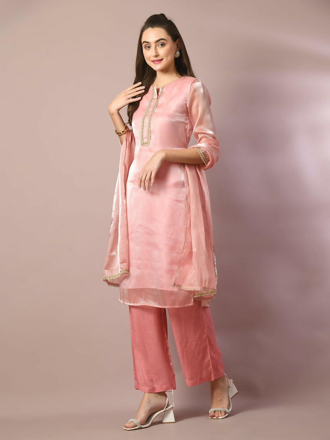 Myshka Women's Pink Solid Straight Party Kurta Set With Dupatta | Grocsy