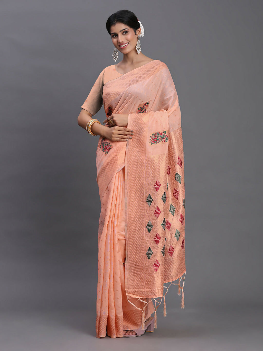 Shree Shyam Fashion Linen Cotton Peach Saree | Grocsy