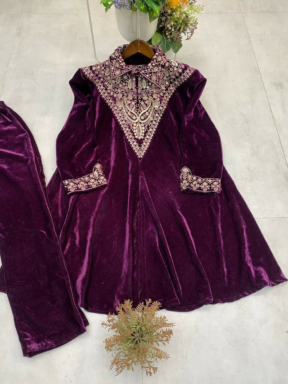 Vastranavya Purple Velvet Sequence Embroidery Work Top With Palazzo | Grocsy