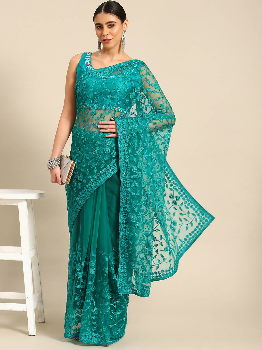 Sea Green Woven Design Net Saree with Blouse Piece - Kalamkari | Grocsy