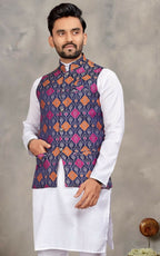 Anaita Navy Cotton Straight Kurta Pajama & Koti With Jequard Work | Grocsy