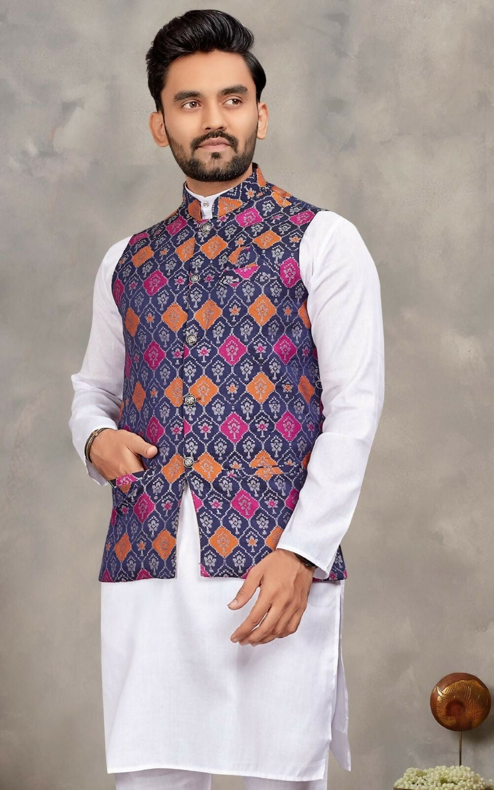 Anaita Navy Cotton Straight Kurta Pajama & Koti With Jequard Work | Grocsy