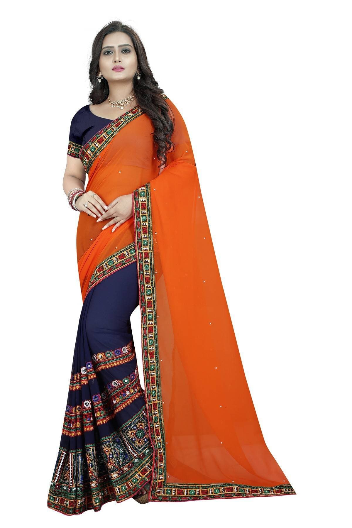 Vamika Blue and Orange Georgette Designer Saree | Grocsy