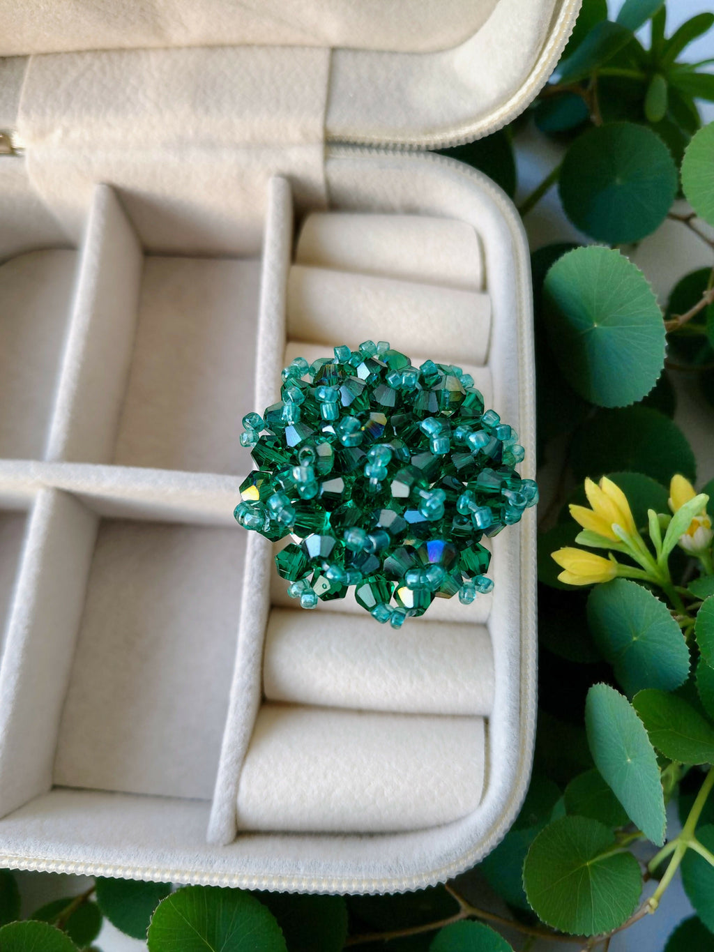 Inhanns Rang-E-Roshan Adjustable Ring – Handmade Crystal Statement Ring - Sea Green | Grocsy