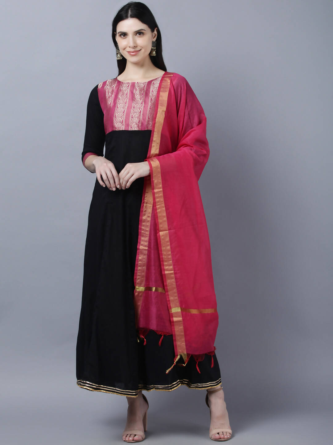 Myshka Women Black Peach-Coloured Colourblocked Cotton Anarkali Kurta | Grocsy