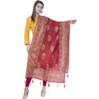 A R Silk Women's Gold Print Silk Mehroon Dupattas and Chunnis | Grocsy