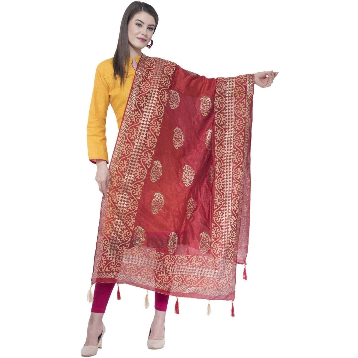 A R Silk Women's Gold Print Silk Mehroon Dupattas and Chunnis | Grocsy