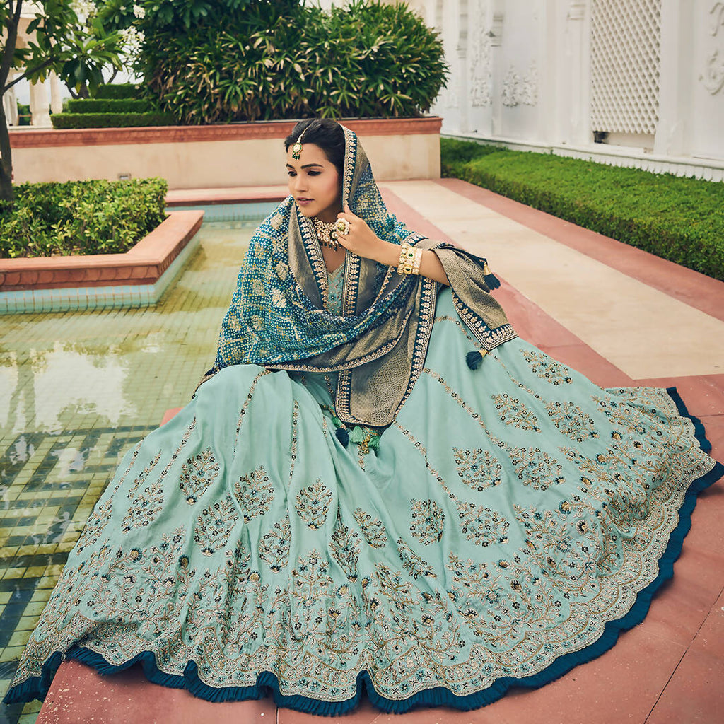 Sky Blue Heavy Viscose Khatli, Embroidery & Mirror Work Unstitched Lehenga Choli - Sisha Keshav | Grocsy