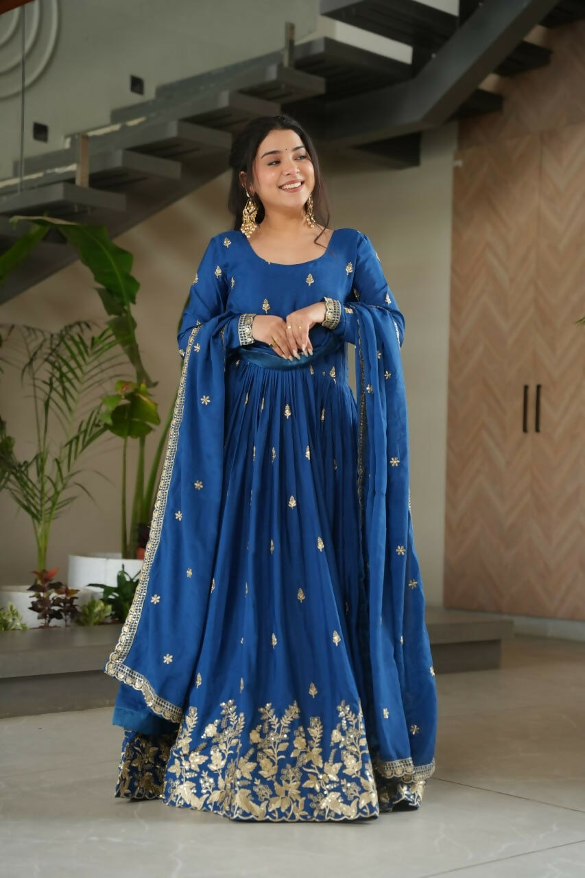 Teeya Creation Blue Color Chinon Silk Party Wear Long Gown | Grocsy