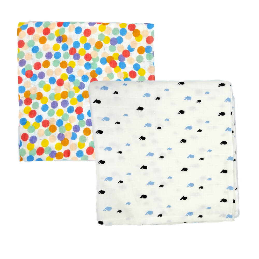 Kindermum Organic Cotton Muslin Swaddle Blanket 110 Cm X 110 Cm - Set Of 2 - Colorful Polka And Whale | Grocsy