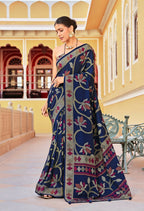 Monjolika Fashion Silk Blend Navy Blue Printed Saree | Grocsy
