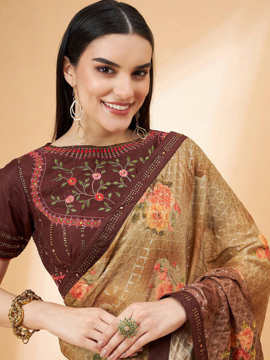 Beige Georgette Resham And Sequins Embroidery, Mukaish Studded Work Saree - Norita Hit Design | Grocsy