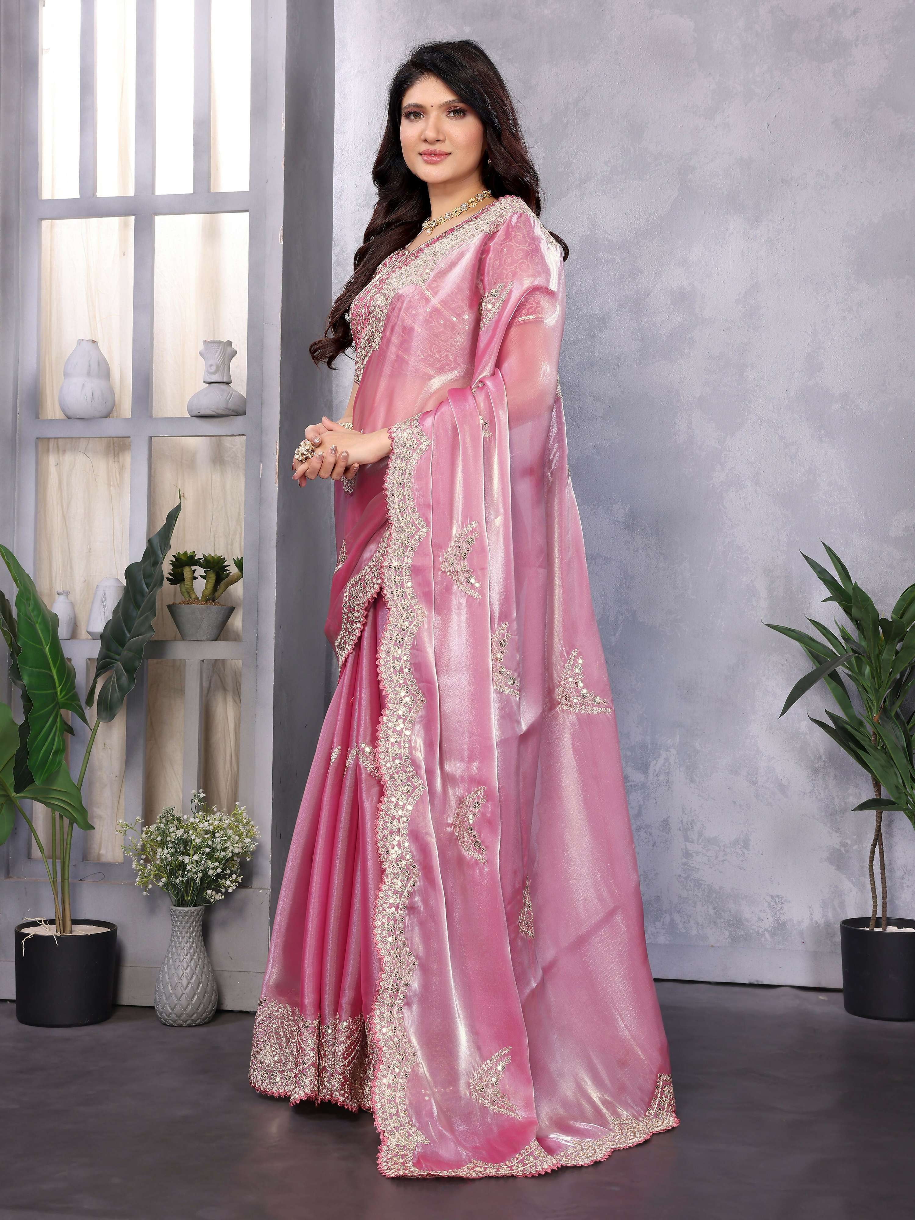 Vastranavya Baby Pink Embroidery Work Shimmer Chiffon Saree with Unstitched Blouse | Grocsy