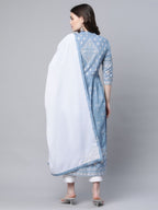 Ahalyaa Women Pastel Blue Pure Cotton Printed Kurta Pant Set With Dupatta | Grocsy