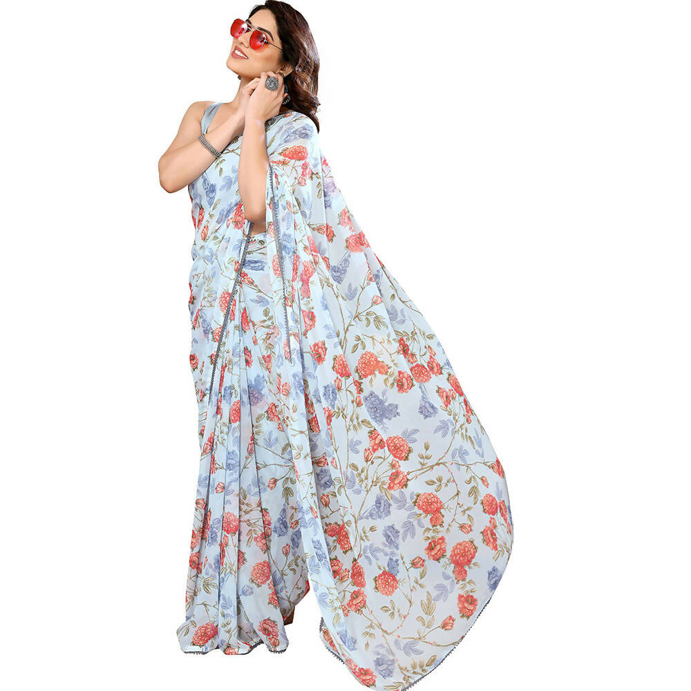 Women's Partywear Designer Sky blue Georgette Fancy Saree - Satrangi | Grocsy