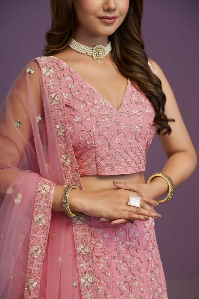 Pink Malai Silk Zari Embroidery Work Lehenga Choli - Jihu Culture | Grocsy