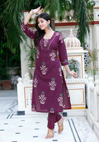 Miravan Women's Cotton Fabric Purple Kurta With Palazzo | Grocsy
