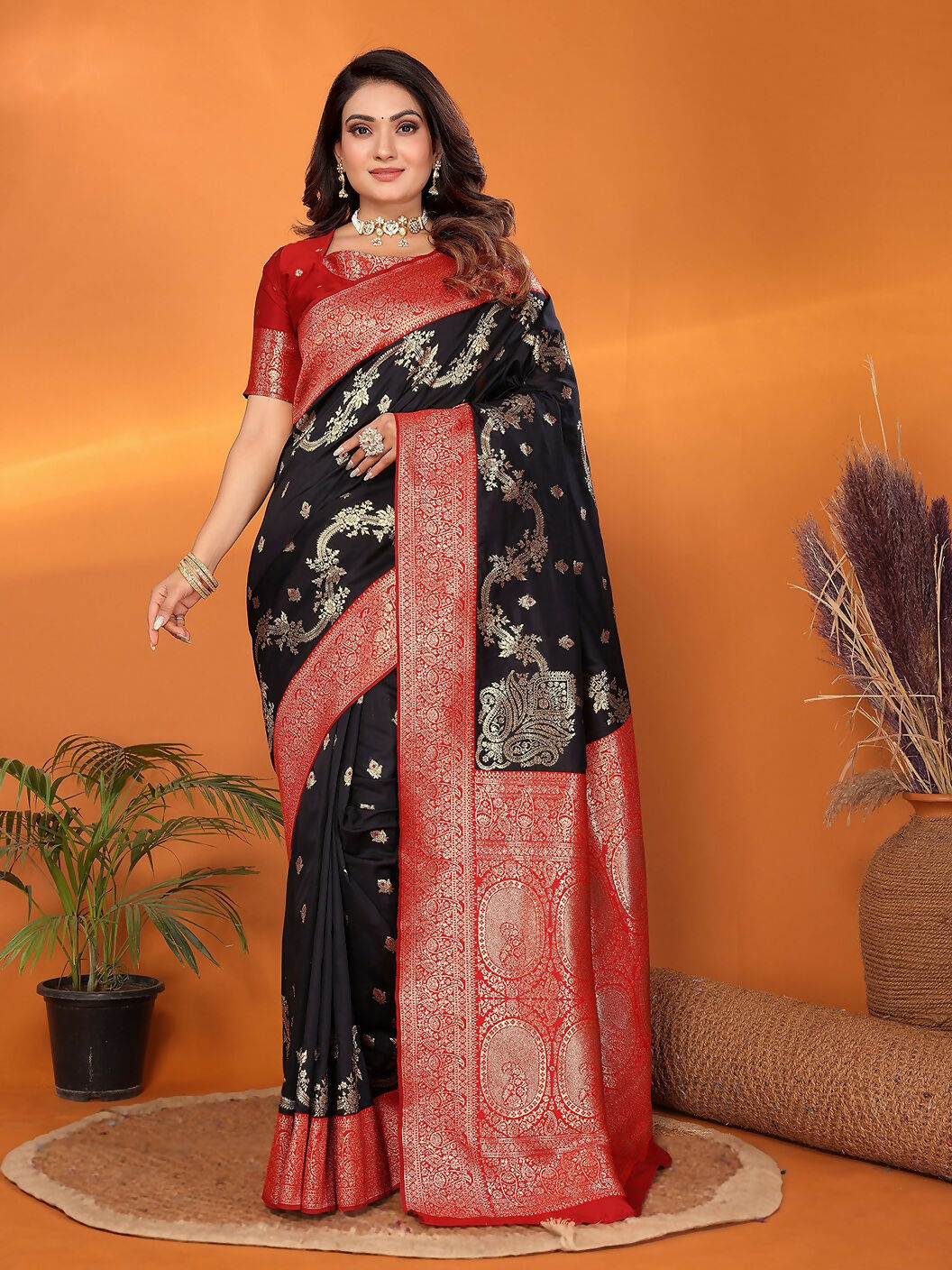 Joban Fashion Banarasi Black Woven Soft Silk Saree | Grocsy