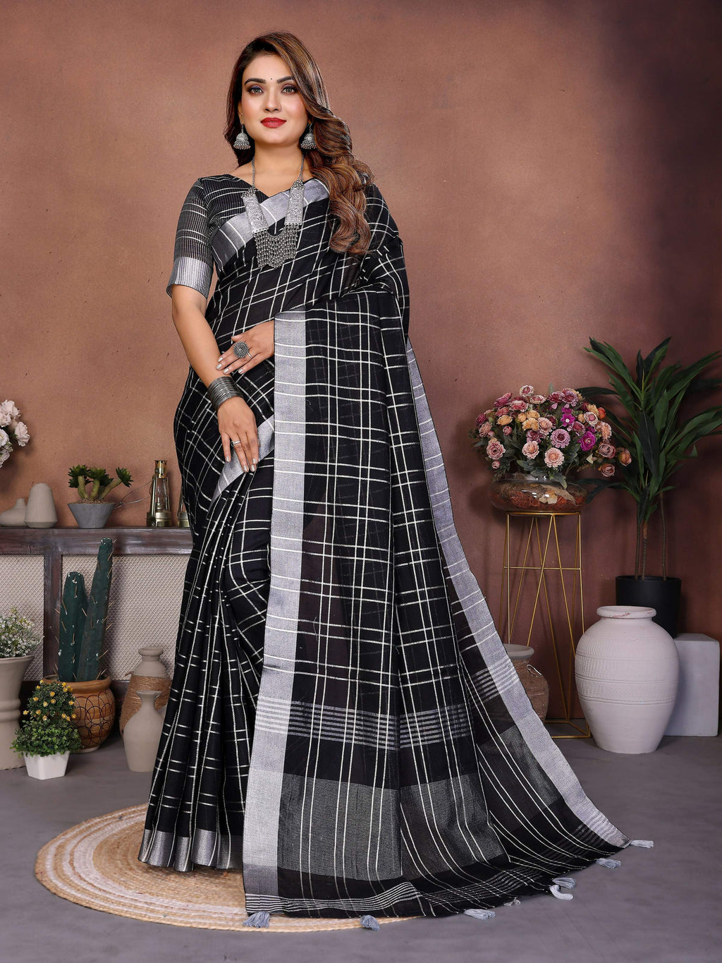 Aastha Fashion Black Linen Weaving Saree | Grocsy