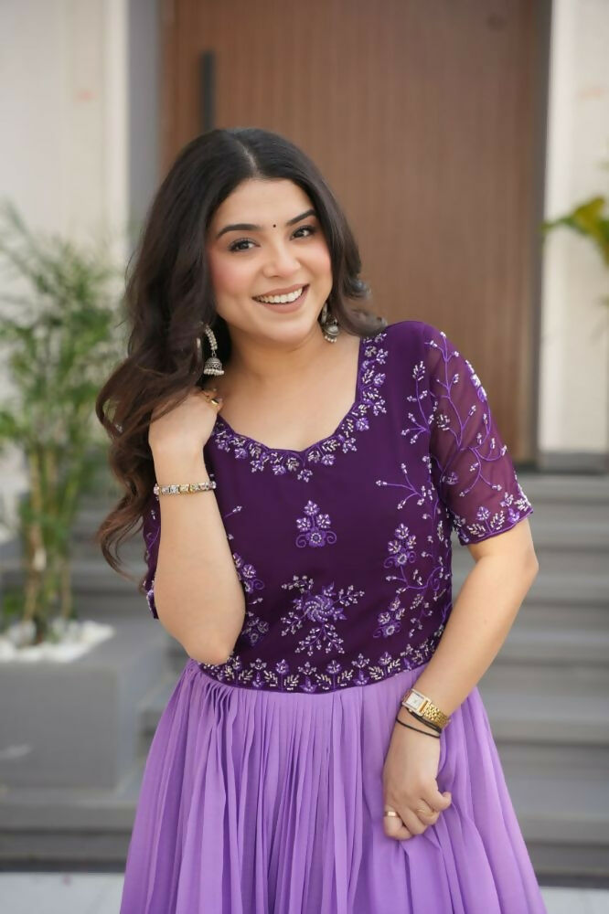 Vastranavya Purple Faux Blooming With Beads Embroidered work and Rich Floral Pedding Digital Print Gown | Grocsy