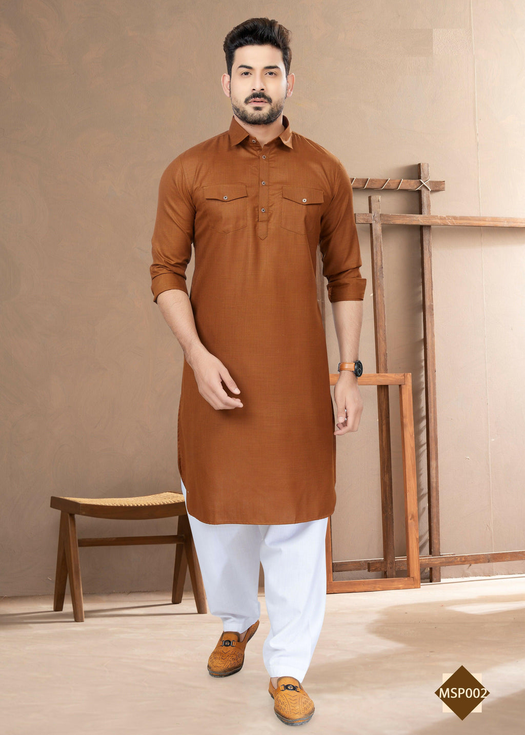 Joban Fashion Men's Dark Brown Heavy Cotton Plain Kurta Pyjama set | Grocsy