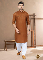Joban Fashion Men's Dark Brown Heavy Cotton Plain Kurta Pyjama set | Grocsy
