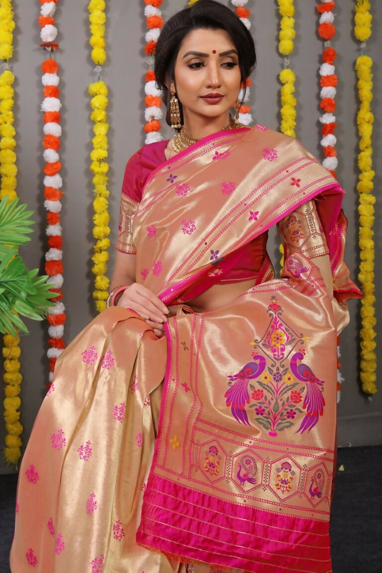 Jyoti Fashion Women's Rani Pink Paithani Silk Zari Woven Saree with Blouse | Grocsy