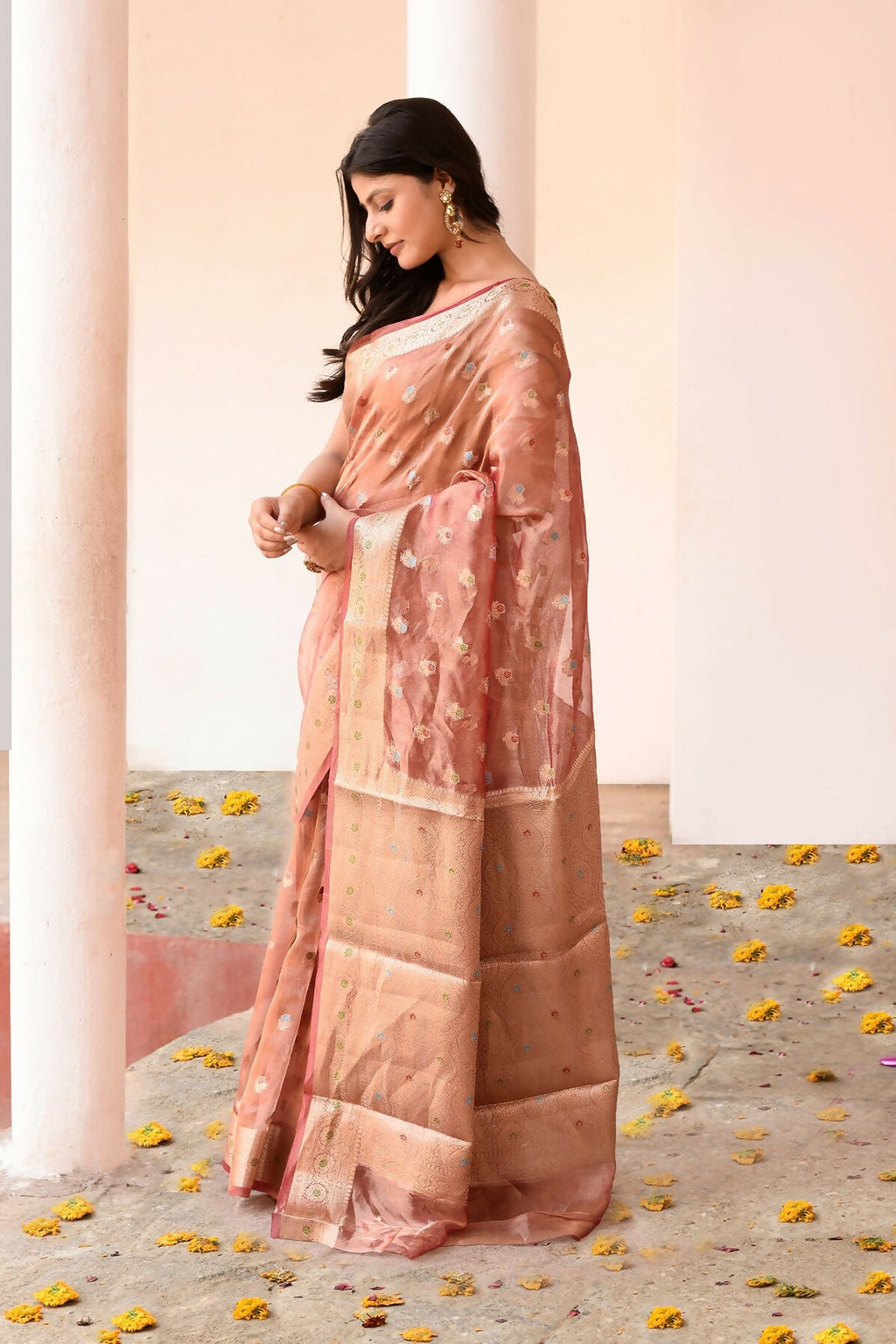 Joban Fashion Rose Gold Pure Banarasi Tissue Saree | Grocsy