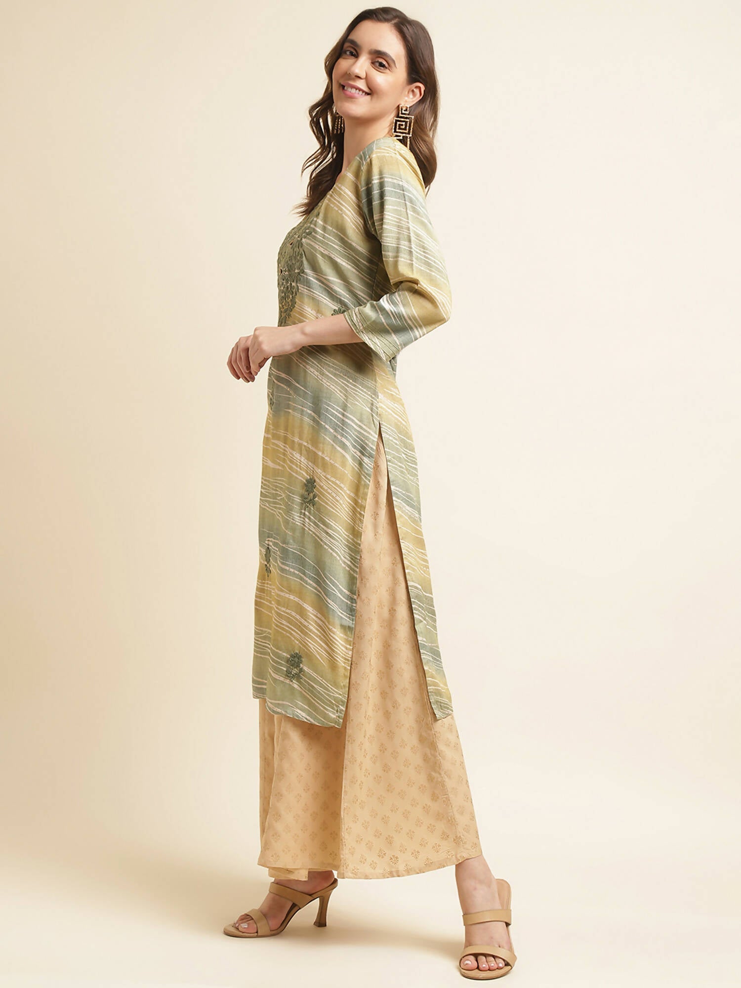 Green Poly Rayon Stripe Printed Straight Fit Kurta - Prasuti | Grocsy