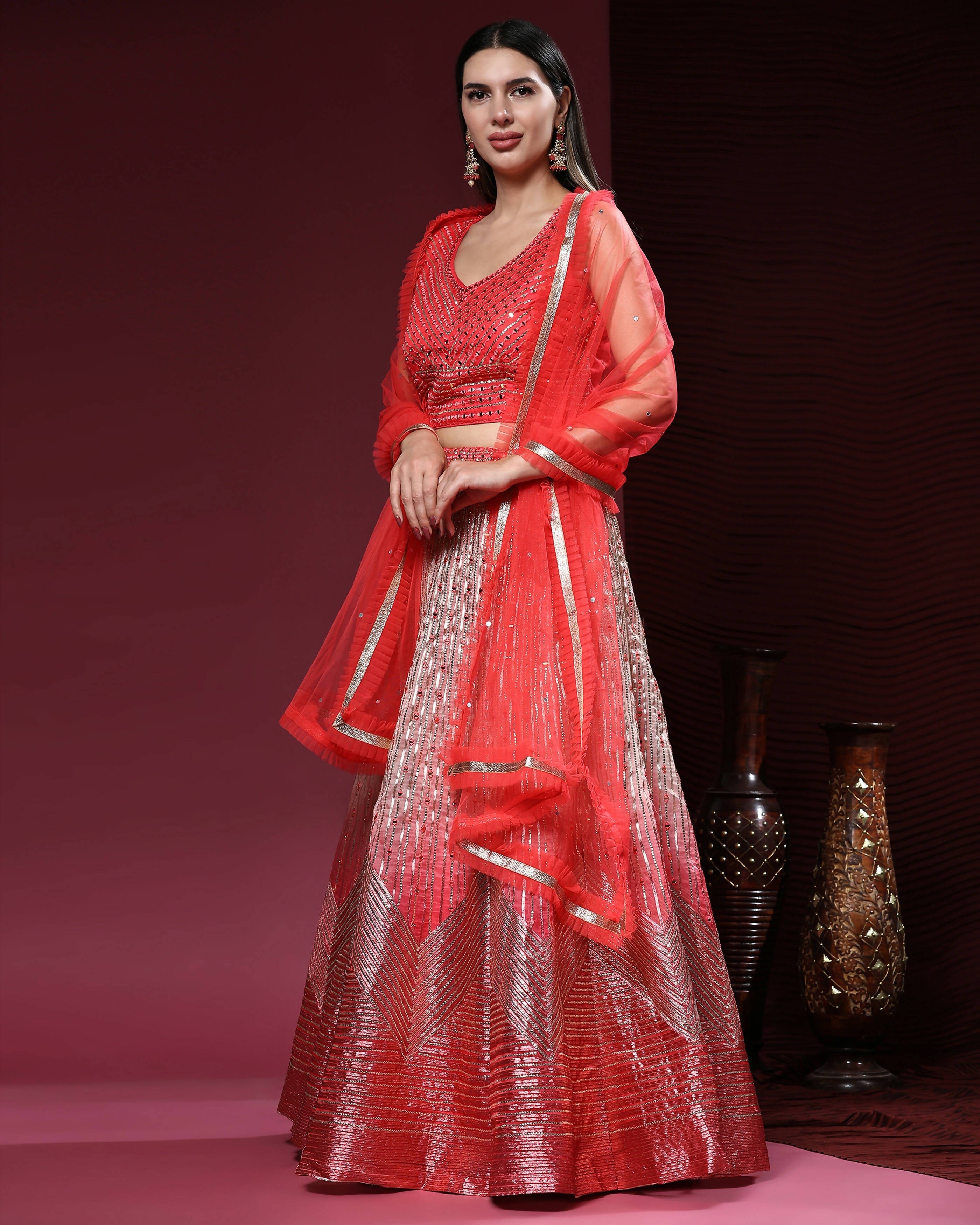 Red Organza Mirror With Coding Work Lehenga Choli with Dupatta - Tanya | Grocsy