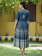 Juniper Blue Rayon Festive Printed Flared Dress For Women | Grocsy