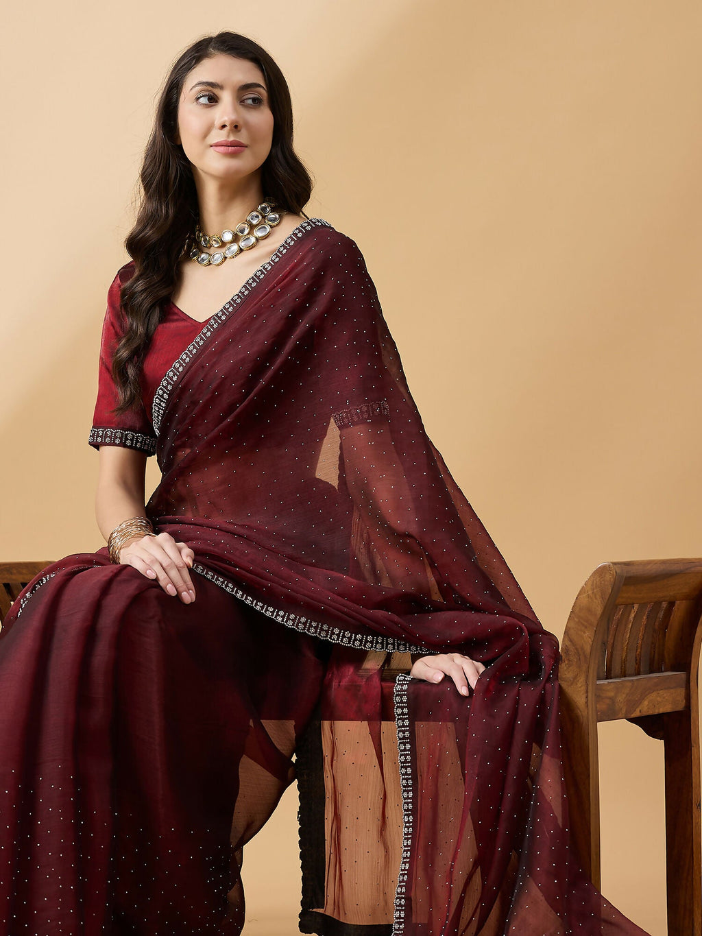 Brown Organza Swaroski Diamond Work Saree with Unstitched Blouse - Radha | Grocsy