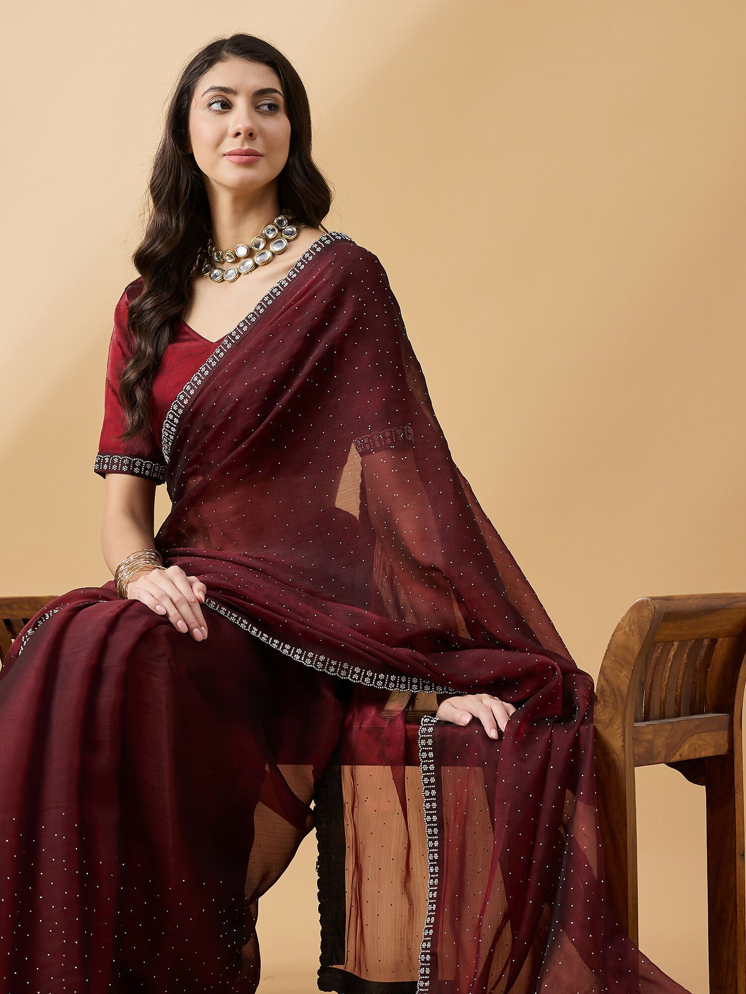 Brown Organza Swaroski Diamond Work Saree with Unstitched Blouse - Radha | Grocsy