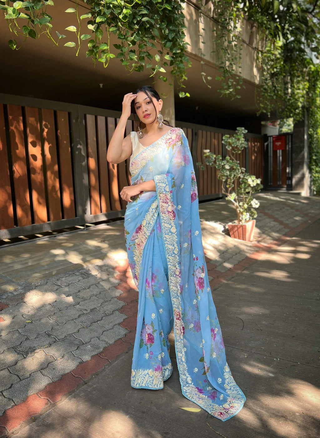 Vamsee Subh Laxmi Sky Georgette Saree | Grocsy
