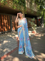 Vamsee Subh Laxmi Sky Georgette Saree | Grocsy
