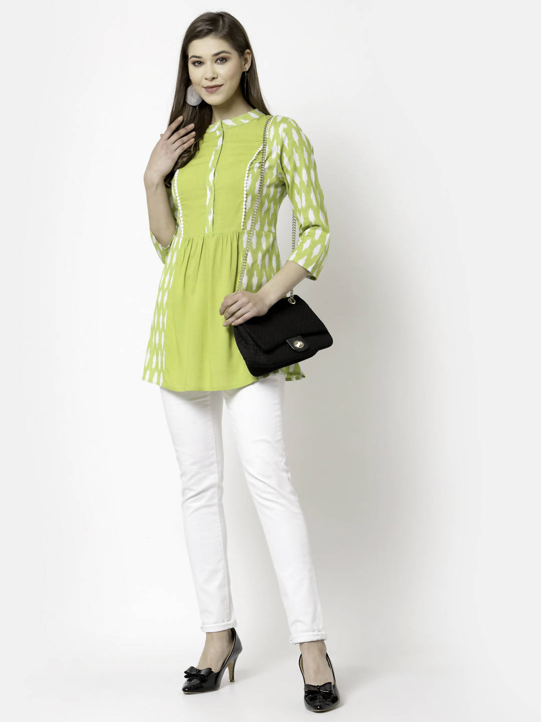 Myshka Women Green Pure Cotton Printed 3/4 Sleeve Round Casual Tunic | Grocsy