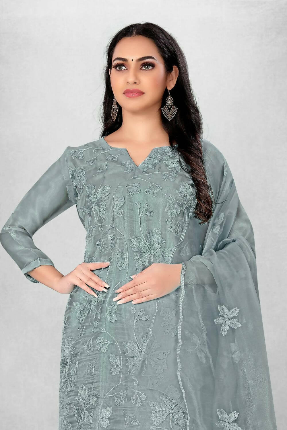 Grey Heavy Organza Silk Embroidered Unstitched Dress Material - Amara | Grocsy
