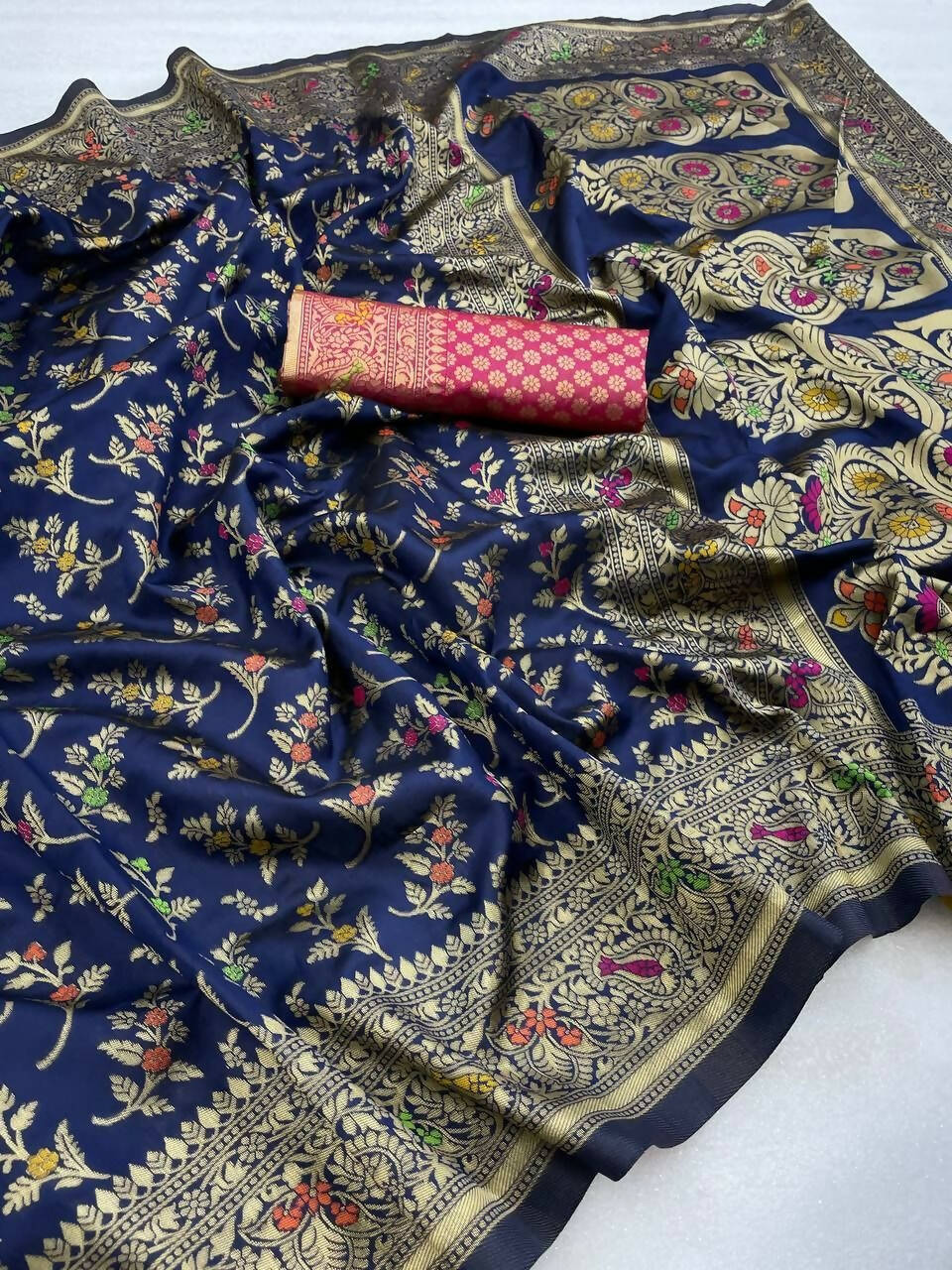 DEIANA'S Beautiful Designer Golden zari Soft Lichi Silk Saree - Navy Blue | Grocsy