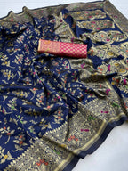 DEIANA'S Beautiful Designer Golden zari Soft Lichi Silk Saree - Navy Blue | Grocsy