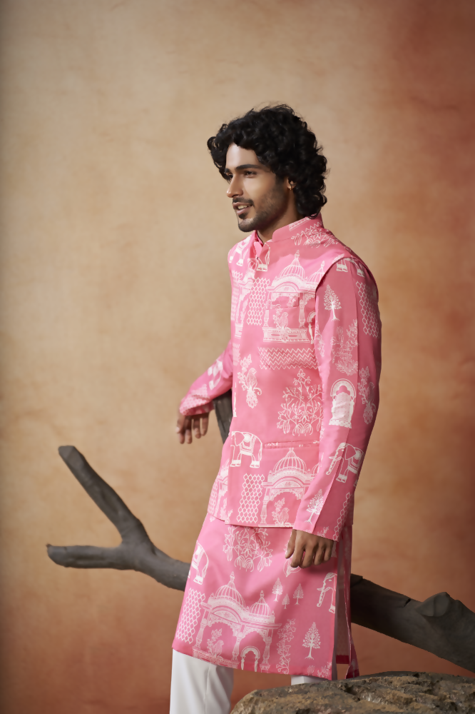 Botanical Architecture Traditional Printed Silk Nehru Jacket Set by Hilo Design | Grocsy