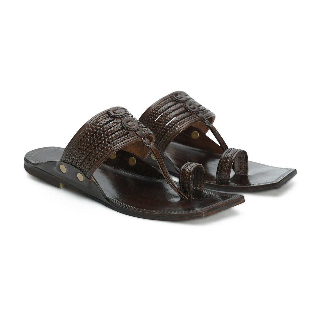 Stepsoft Men'S Brown Sqaure Toe Kolhapuri Chappal | Handcrafted Leather Slip-On Ethnic Footwear | Grocsy
